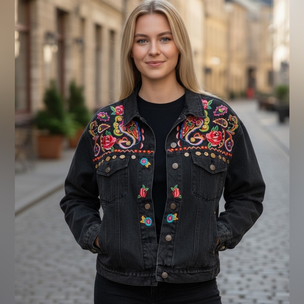Vintage Carole Little Women's Denim Jacket Size 6 black Jingly coins colorful